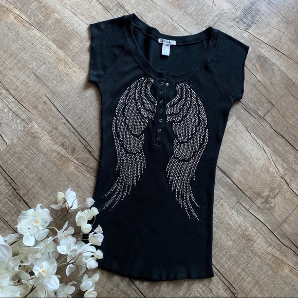 Coco Casual Beaded Wings Black Top - Picture 1 of 8